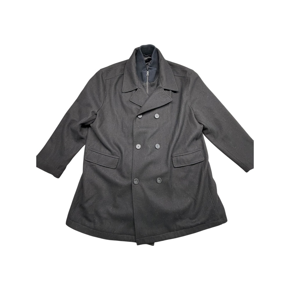 Claiborne Mens XXL Black Wool Blend Pea Coat Double Breasted Zip Bib Overcoat